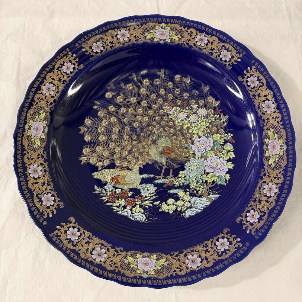 Vintage Large Moroccan TAOUS Blue Hand-Painted Porcelain Peacock Plate 14 Inches
